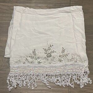 Sue Wong SILK Scarf Shawl 6 Runner Evening Large Hand Beade Platinum Silver Grey